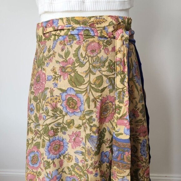 Vtg Silk Wrap Maxi Skirt Reversible Floral Yellow Multi India Sari Boho One Size - Picture 2 of 15